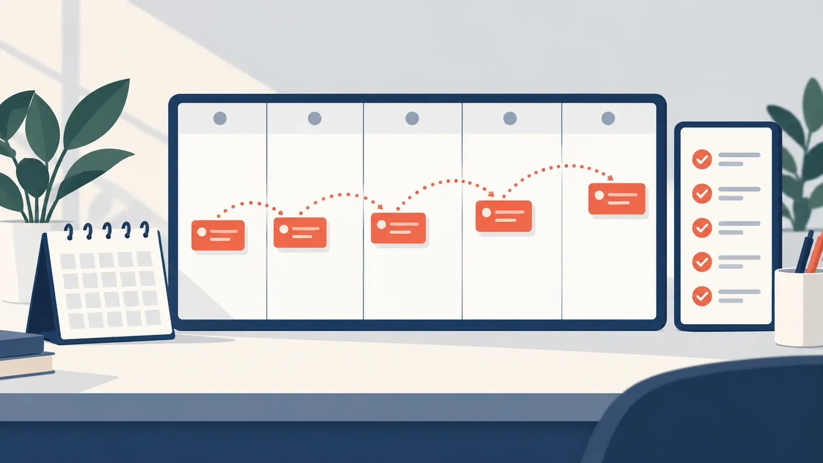 Illustration for the spaced practice scheduler tool: a planner board with cards, a calendar and a progress checklist