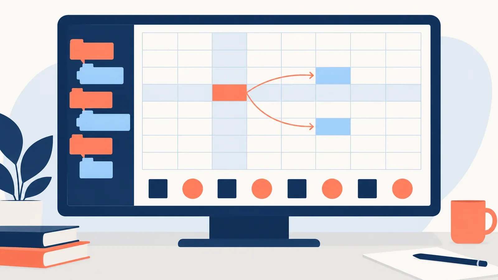 Illustration for the spreadsheet reference practice grid tool: code blocks, a table grid and binary digits on a screen