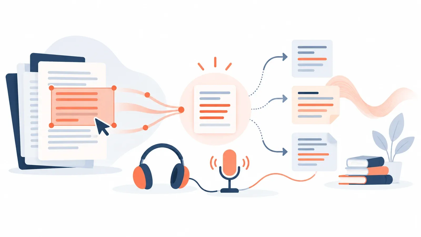 Illustration for the summary selection and paraphrase studio tool: blocks of text with highlights, headphones and a microphone