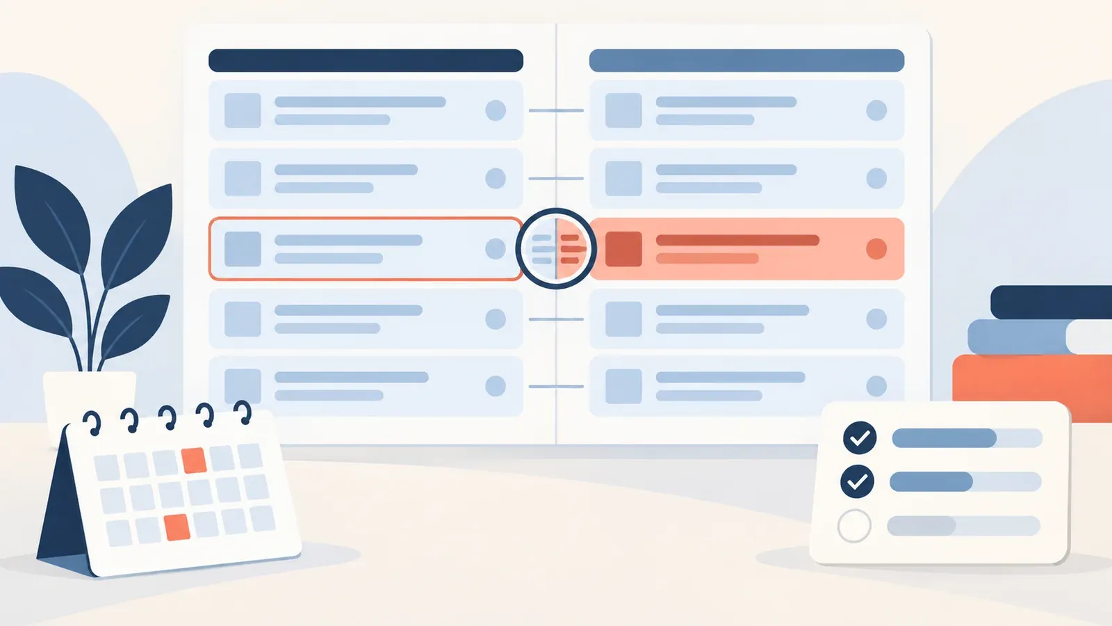 Illustration for the syllabus-version comparison viewer tool: a planner board with cards, a calendar and a progress checklist