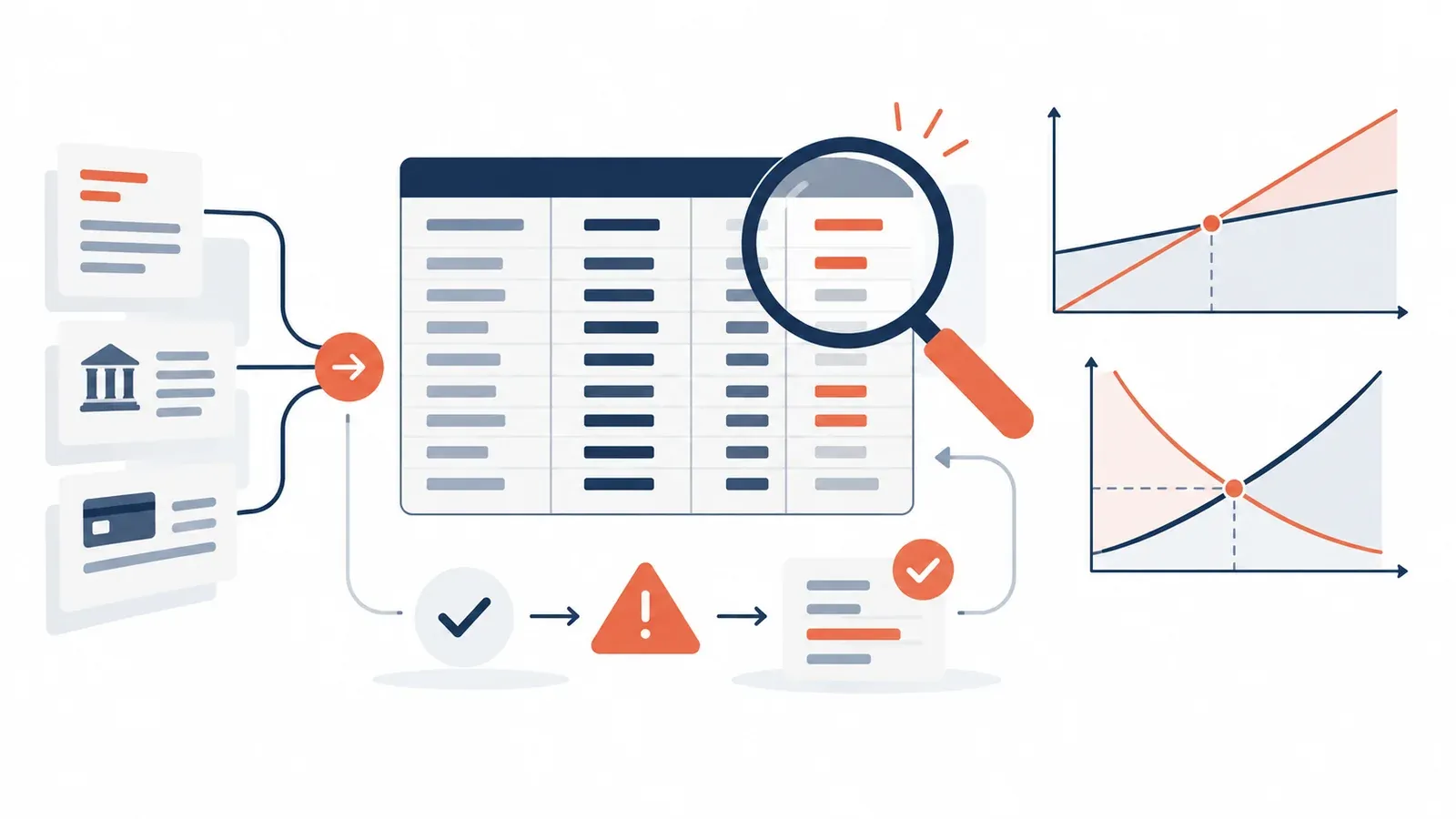 Illustration for the trial-balance and error detective tool: a ledger table, a break-even chart and supply and demand curves