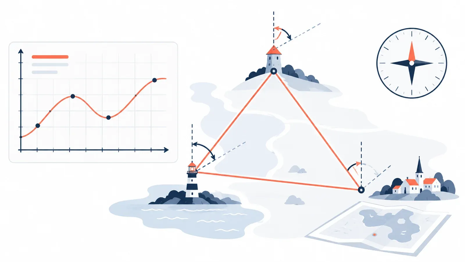 Illustration for the triangle and bearings reasoning board tool: a graph panel with axes, a plotted curve and a geometry sketch