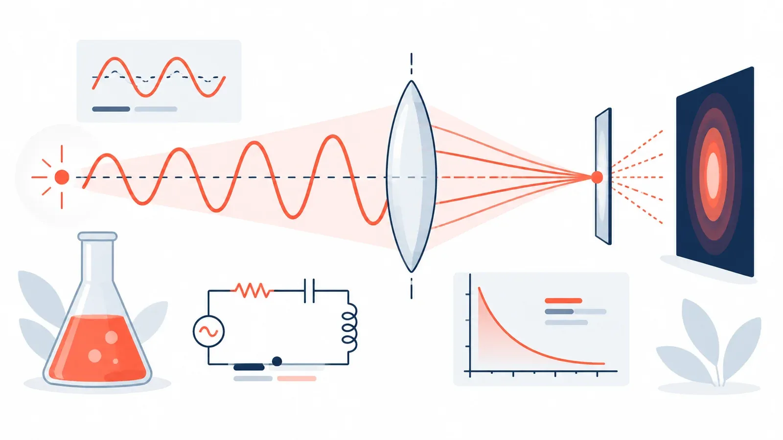 Illustration for the wave and lens concept board tool: a lab flask, a circuit diagram and a decay-curve graph
