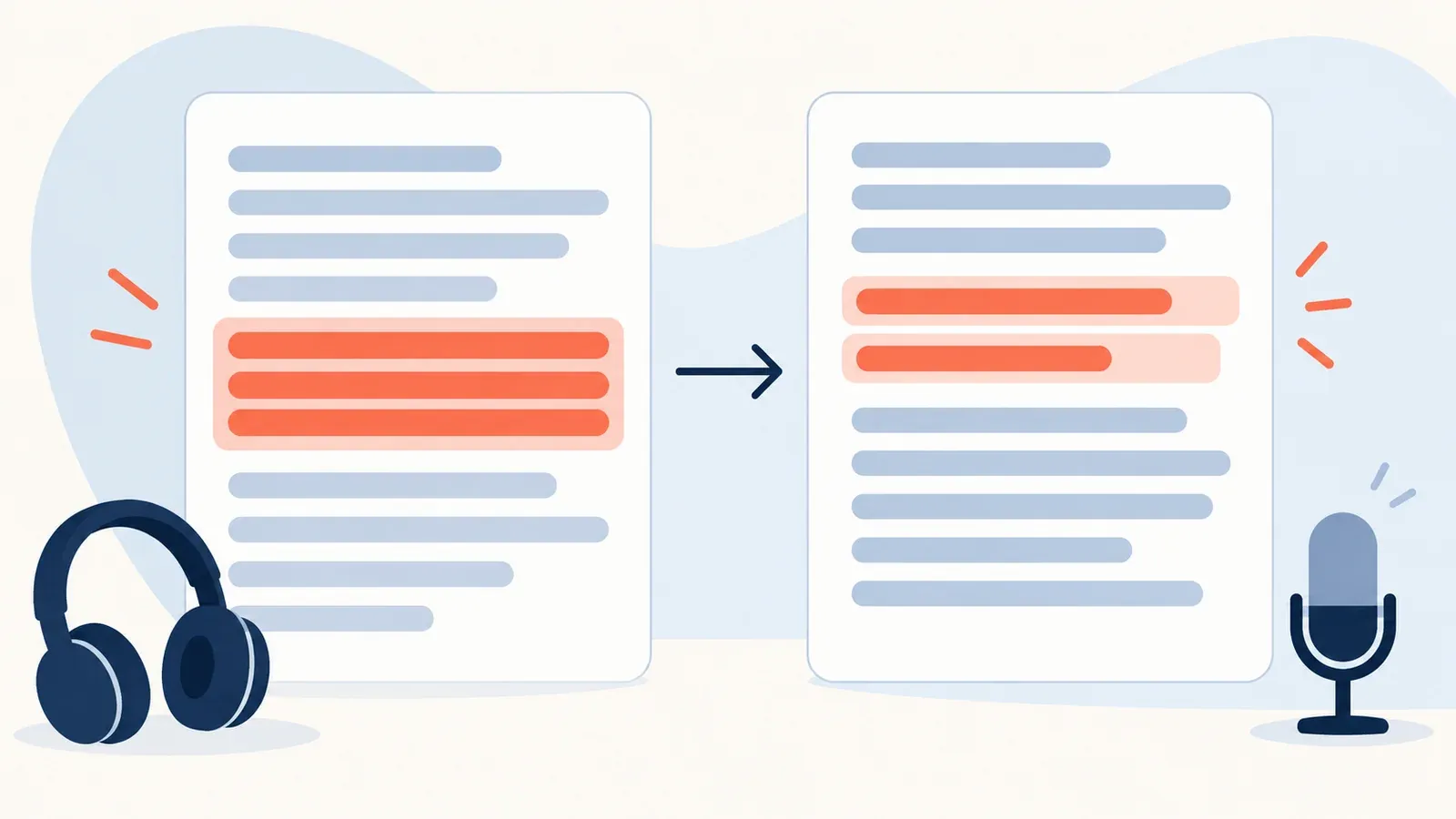 Illustration for the writing revision compare view tool: blocks of text with highlights, headphones and a microphone